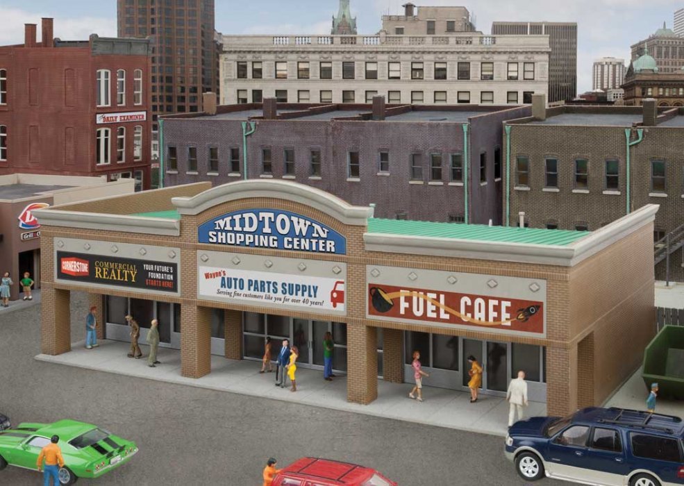 Modern Shopping Center II -- Kit - 10-1/2 x 4-15/16 x 3-1/2′ 26.6 x 12.5 x 8.8cm, HO, Walthers Cornerstone 4116