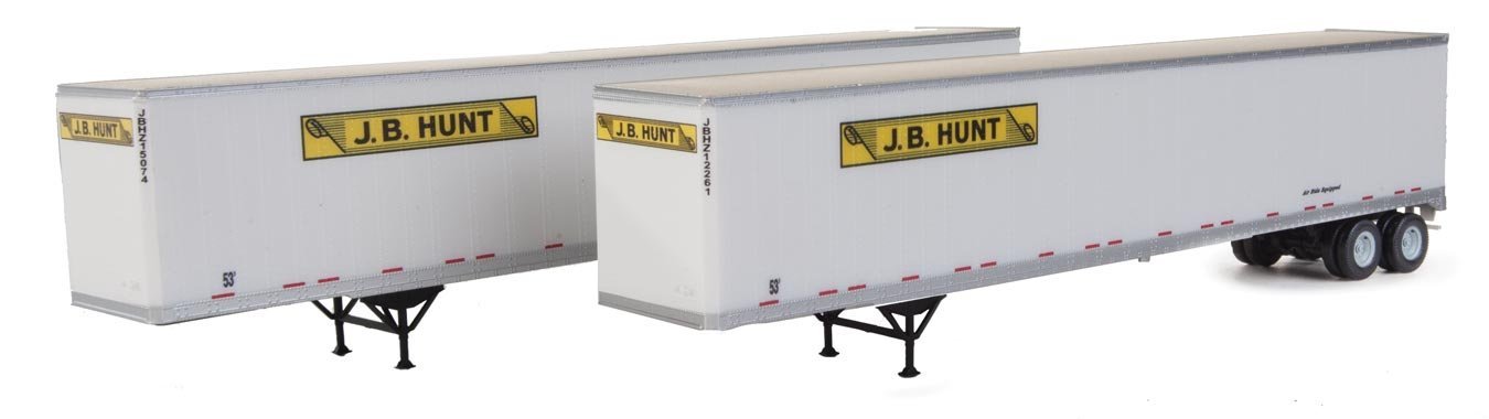 53′ Stoughton Trailer 2-Pack - Assembled -- J.B. Hunt (white, yellow, black), HO, Walthers SceneMaster 2462