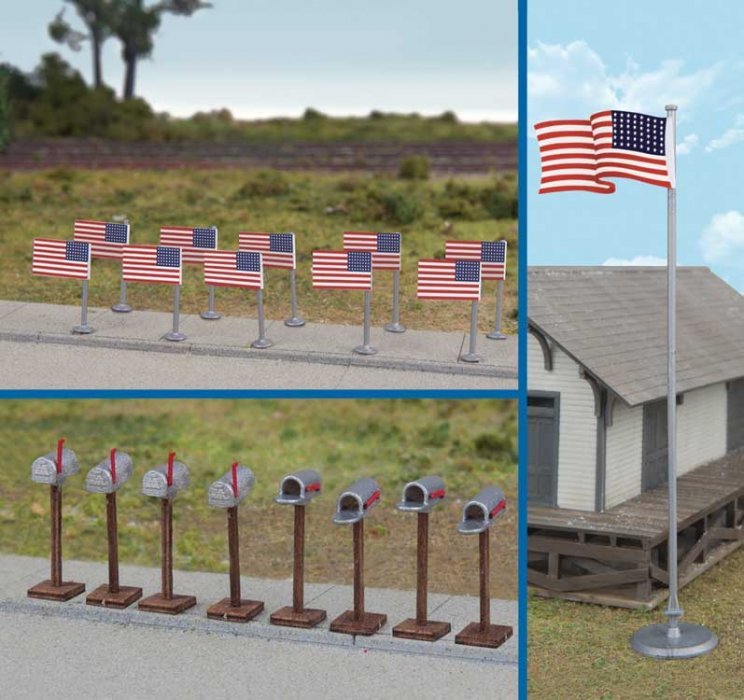 Flags (11) and Mailboxes (8) -- American Flags (48 Stars, 1912-1959), HO, Walthers SceneMaster 4171