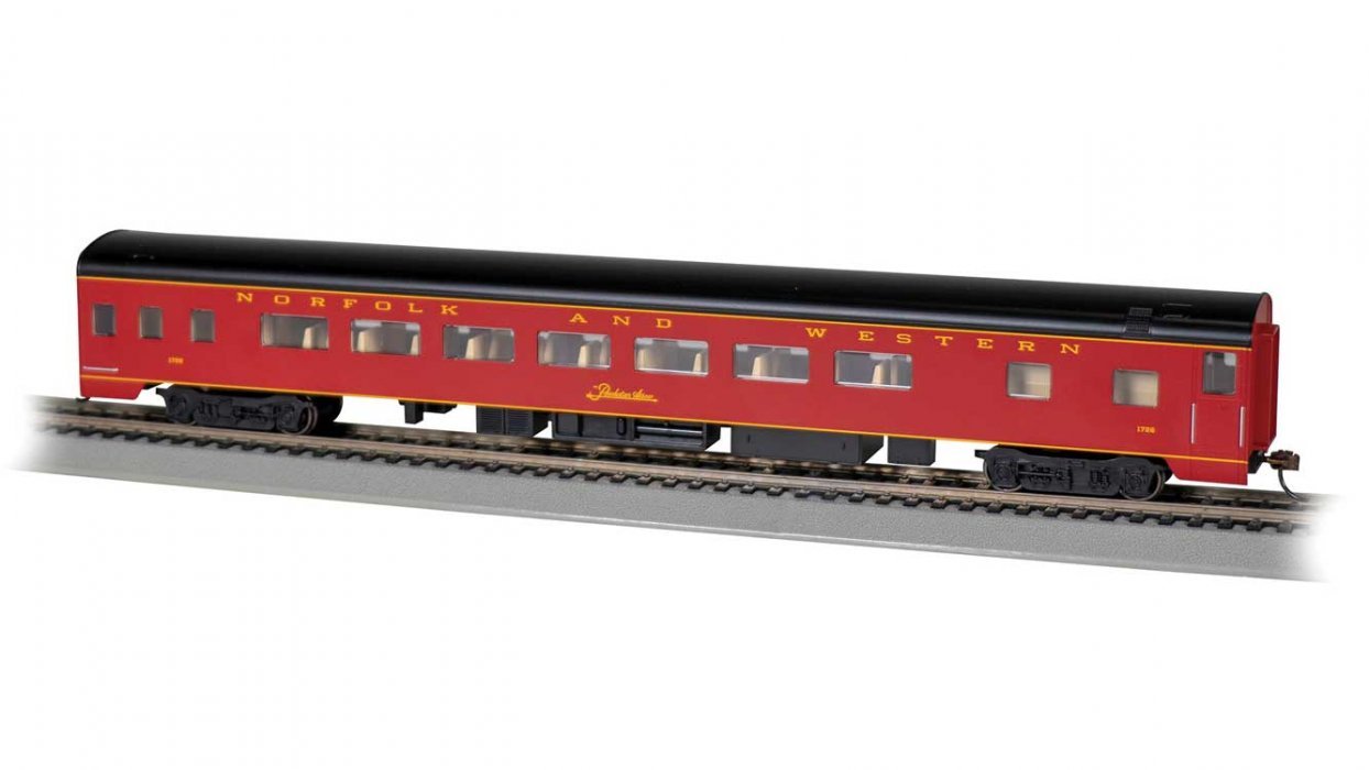 85′ Smooth-Side Coach - Lighted - Ready to Run -- Norfolk & Western 1726 (maroon, black), HO, Bachmann Industries 14218