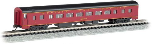 85′ Smooth-Side Coach with Interior Lighting - Ready to Run -- Norfolk & Western 1728 (maroon, N, Bachmann Industries 14257