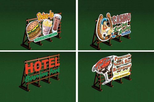 Outdoor Billboards -- Laser-Cut Wood Kit - Set of 4, HO, Bachmann Industries 39103