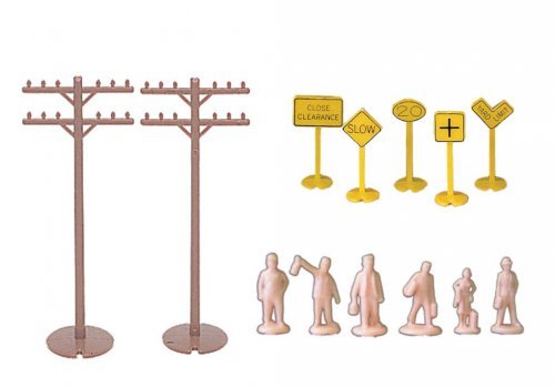 Layout Accessories Assortment -- 12 Telephone Poles, 24 Signs & 24 Unpainted Figures, HO, Bachmann Industries 42104