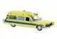 1966 Cadillac Meteor Ambulance - Assembled -- Dallas Ambulance (yellow, blue), HO, Brekina Automodelle 19779