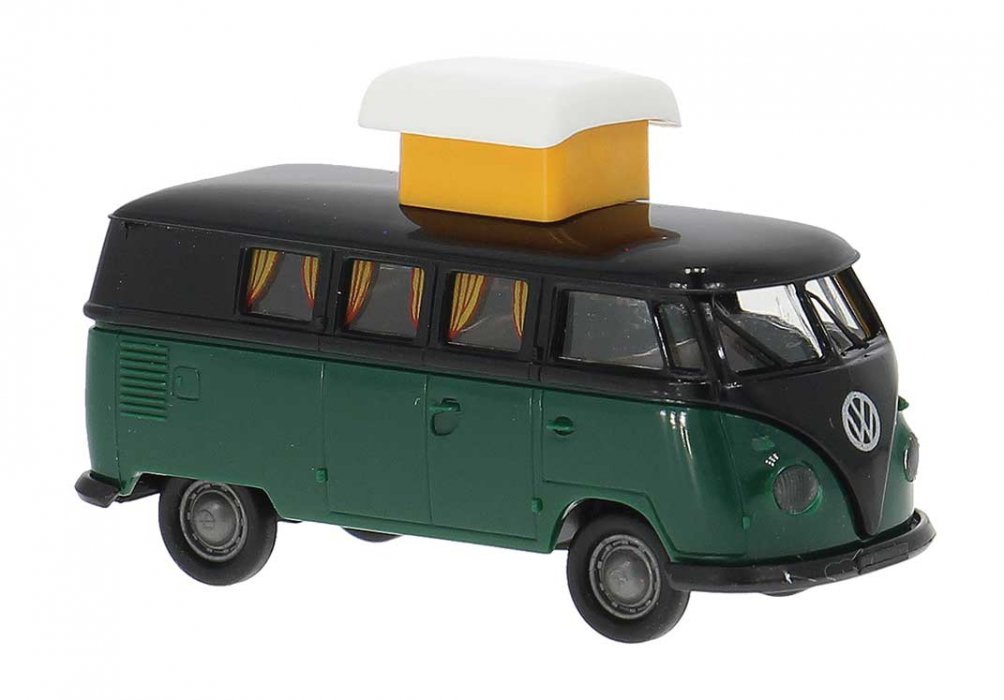 1960 Volkswagen T1b Passenger Van with Pop-Up Roof - Assembled -- Green, Black, HO, Brekina Automodelle 31634