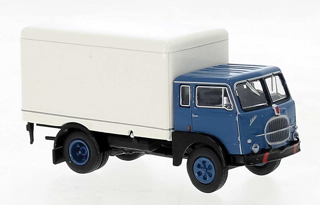 1962 Fiat 642 Rounded Box-Body Delivery Truck - Assembled -- Blue, Gray, HO, Brekina Automodelle 58606