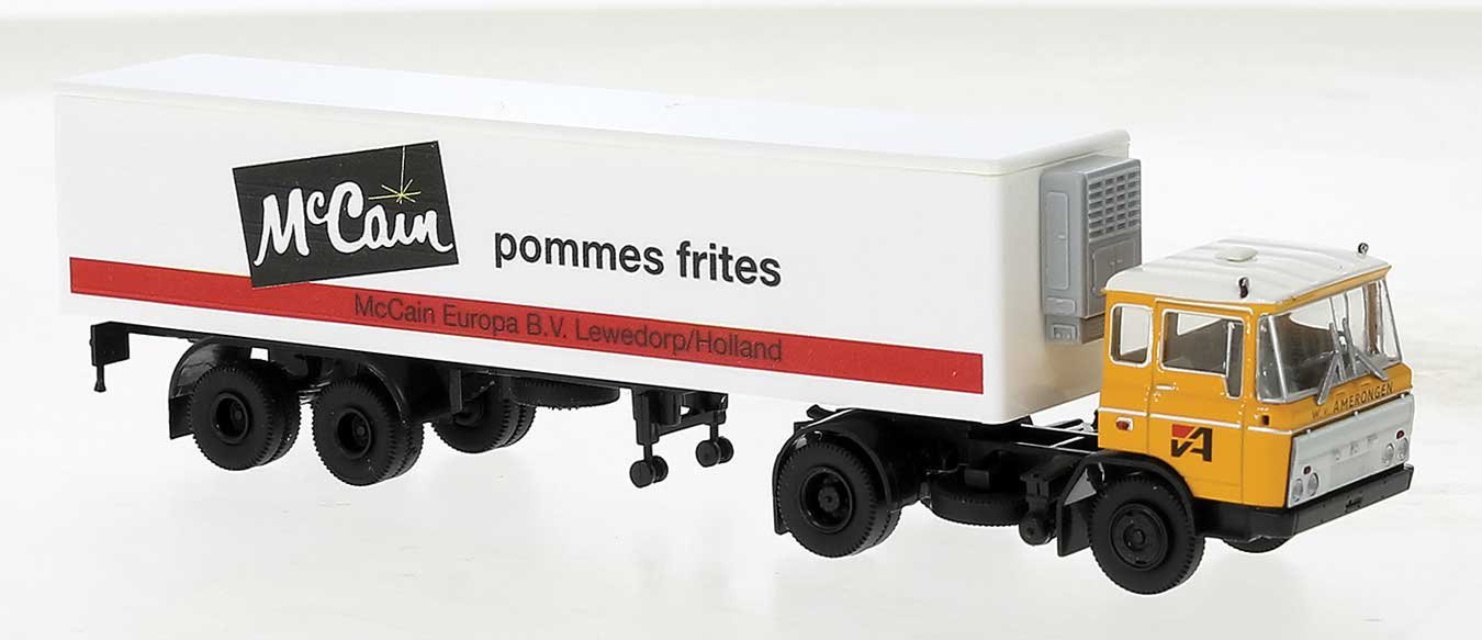 1960s DAF FT 2600 Tractor w/Reefer Trailer - Assembled -- Amerongen/McCain (white, yellow, b, HO, Brekina Automodelle 85287