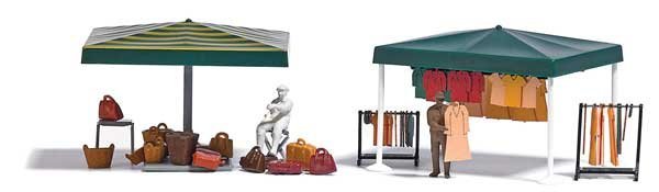 2 Outdoor Market Stalls Complete Miniature Scene -- 2 Figures, Clothes, Chair, 2 Canopies, Clo, HO, Busch Gmbh & Co Kg 1825
