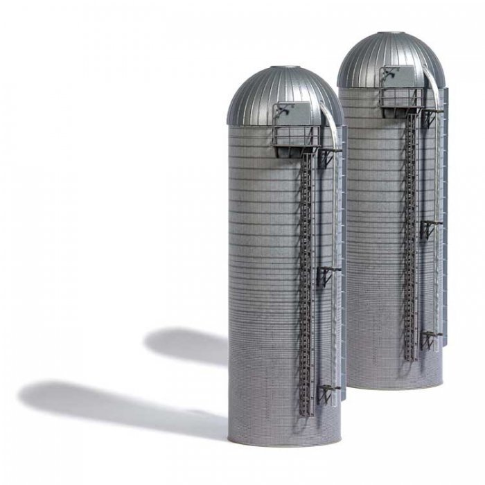 Tall Concrete Farm Silos -- Kit - 2-15/16` 7.5cm Diameter x 9-5/8` 24.5cm Tall pkg(2), HO, Busch Gmbh & Co Kg 1913