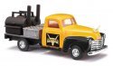 1950 Chevy Pickup Truck with BBQ Flatbed - Assembled -- King of Barbecue (yellow, black), HO, Busch Gmbh & Co Kg 48239