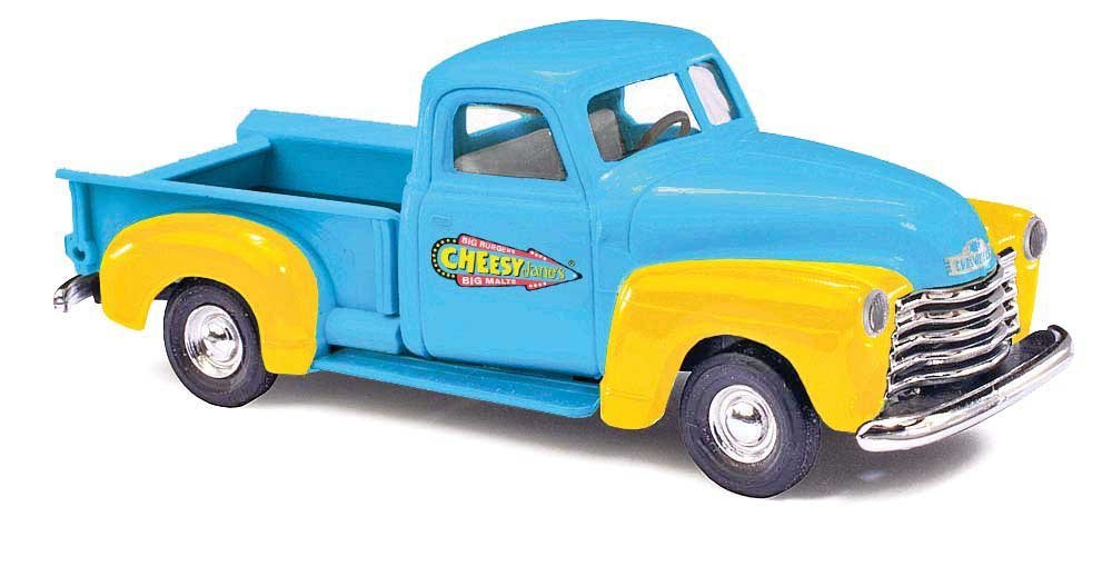 1950 Chevrolet Pickup Truck - Assembled -- Cheesy Jane′s (blue, yellow), HO, Busch Gmbh & Co Kg 48244