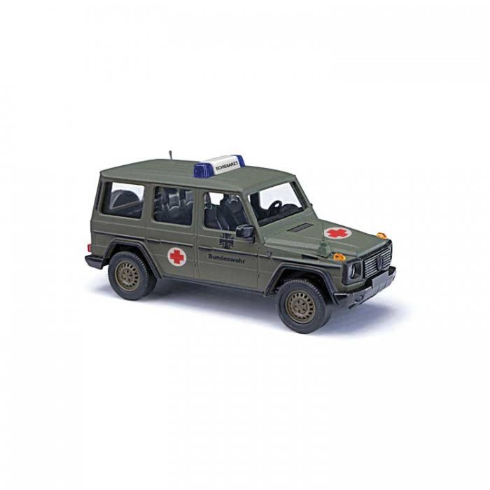 1990 Mercedes-Benz G-90 SUV - Assembled -- German Army Red Cross (green, red, white, German L, HO, Busch Gmbh & Co Kg 51441