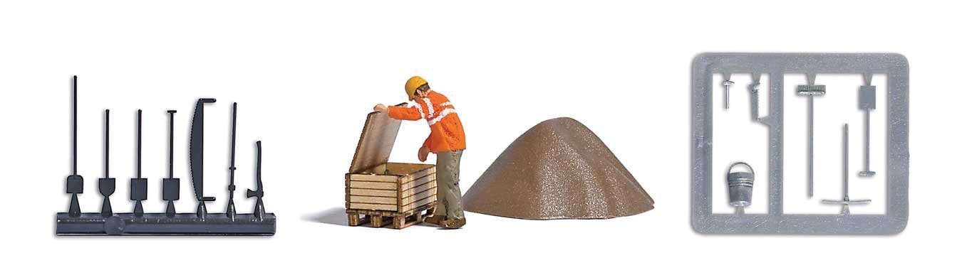 Era 5 Railway Worker - Action Set -- Figure, Ballast Pile, Wood Crate Kit, 2 Track Tool Sprues, HO, Busch Gmbh & Co Kg 7967