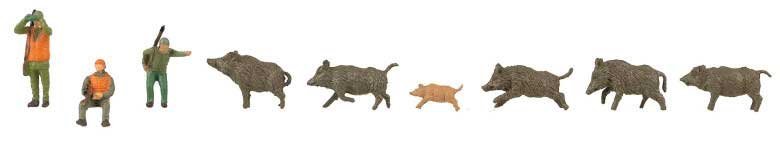 Hunters and Wild Boar -- 3 Hunters, 5 Boar, HO, Faller Gmbh 151701