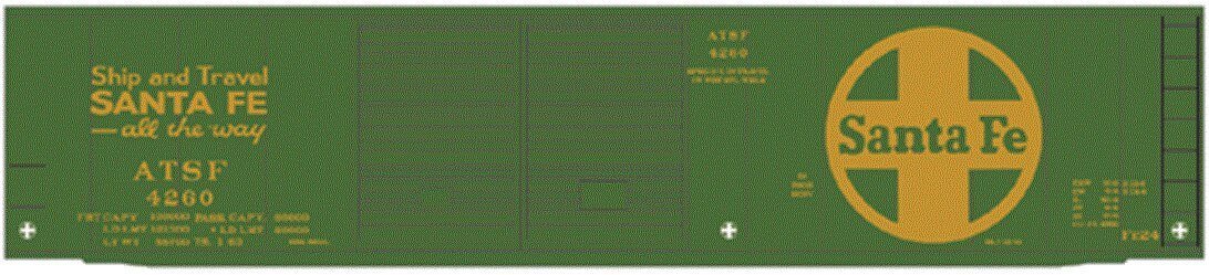 Railroad Decal Set -- Santa Fe 50′ Express Boxcar (green car, Large Logo, Ship & Travel Slogan, HO, Tichy Train Group 10073
