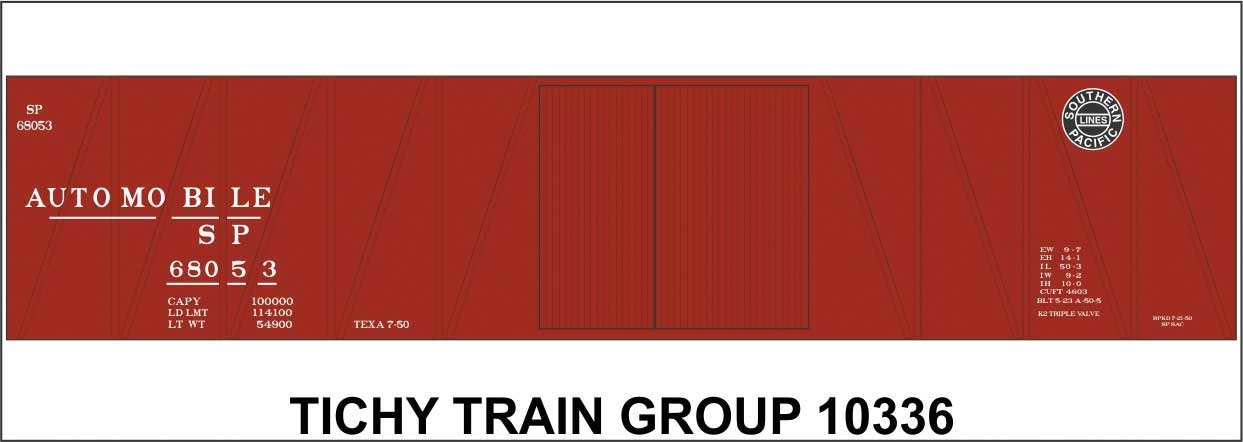 Railroad Decal Set -- Southern Pacific 50′ 1-1/2-Door Wood Boxcar (Automobile Service, Lines L, HO, Tichy Train Group 10336