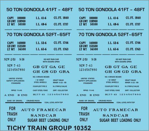 Railroad Decal Set -- 41`, 48`, 52` and 65` Steel Gondola Data (black), N, Tichy Train Group 10352N