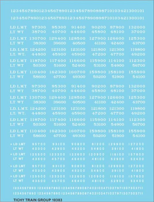 Railroad Decal Set -- Load Limit and Light Weight (LD LMT and LT WT) Data (white lettering), HO, Tichy Train Group 10383