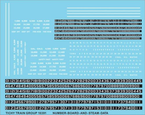 Railroad Decal Set -- Steam Locomotive Numberboards and Data (white data), HO, Tichy Train Group 10391