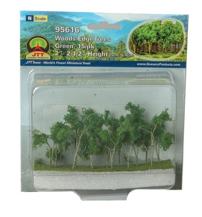 Woods Edge Trees -- Green - 2 to 2-1/2′ 5.1 to 6.4cm pkg(15), All Scales, JTT Miniature Tree 95616