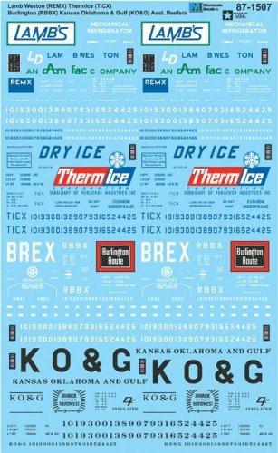 Railroad Decal Set -- Reefers: Lamb Weston REMX, Thermice TICX, CB&Q RBBX, Kansas Okla, N, Microscale Industries Inc 601507