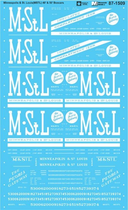 Railroad Decal Set -- Minneapolis & St. Louis MSTL 40` & 50` Boxcars, HO, Microscale Industries Inc 871509