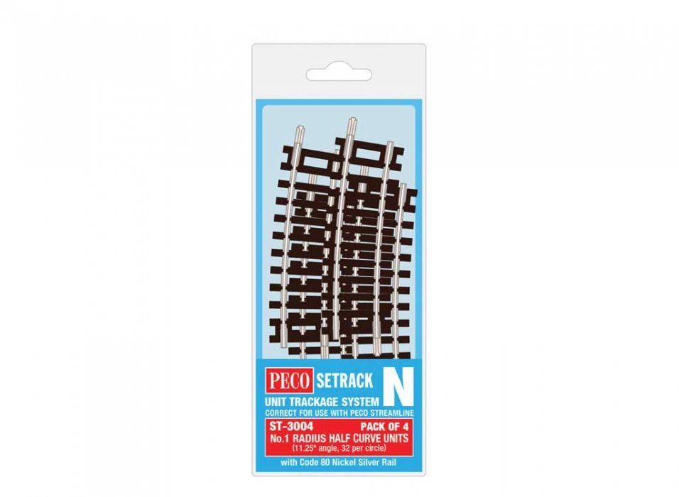 Code 80 1/2 Standard Curve - Setrack -- Radius 1 - 228mm, 11.25 Degree pkg(4), N, Peco ST3004