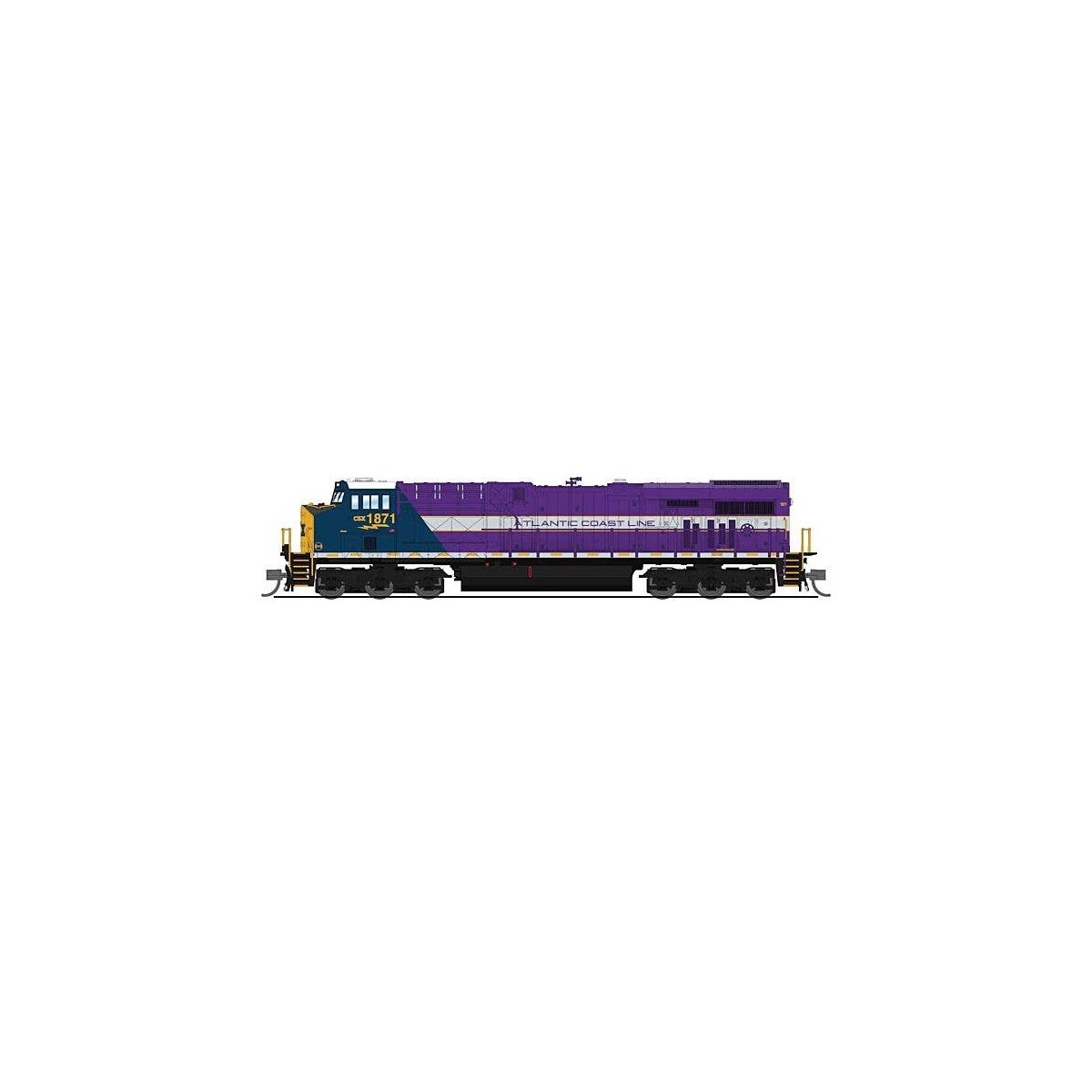 GE ES44AC GEVO - Standard DC - Stealth -- CSX 1871 (Atlantic Coast Line Heritage, blue, purple, silver, yellow), N, Broadway Lim