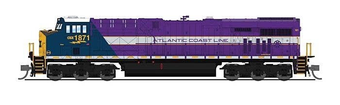 GE ES44AC GEVO - Standard DC - Stealth -- CSX 1871 (Atlantic Coast Line Heritage, blue, purple, silver, yellow), N, Broadway Lim