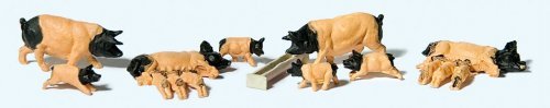 Pigs -- Light Brown, Black pkg(8), HO, Preiser Kg 10149