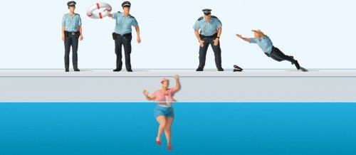 Water Rescue -- 4 Policemen and Woman, HO, Preiser Kg 10744