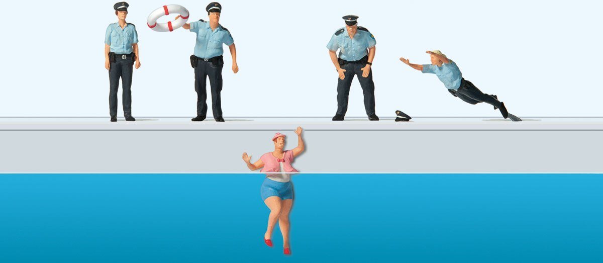 Water Rescue -- 4 Policemen and Woman, HO, Preiser Kg 10744