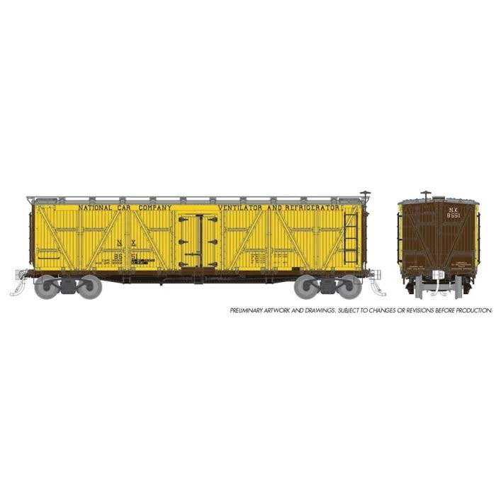 FGE Class R7 Wood Reefer 6-Pack - Ready to Run -- National Car Co. (yellow, silver roof, dark, HO, Rapido Trains Inc 177204