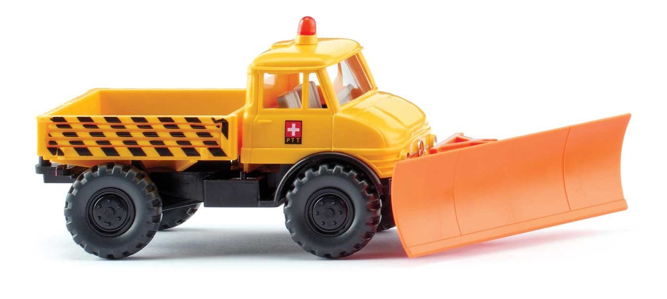 1963 Unimog U 406 with Plow - Assembled -- Swiss Postal Service (yellow, black, German Lettering), HO, Wiking 37110