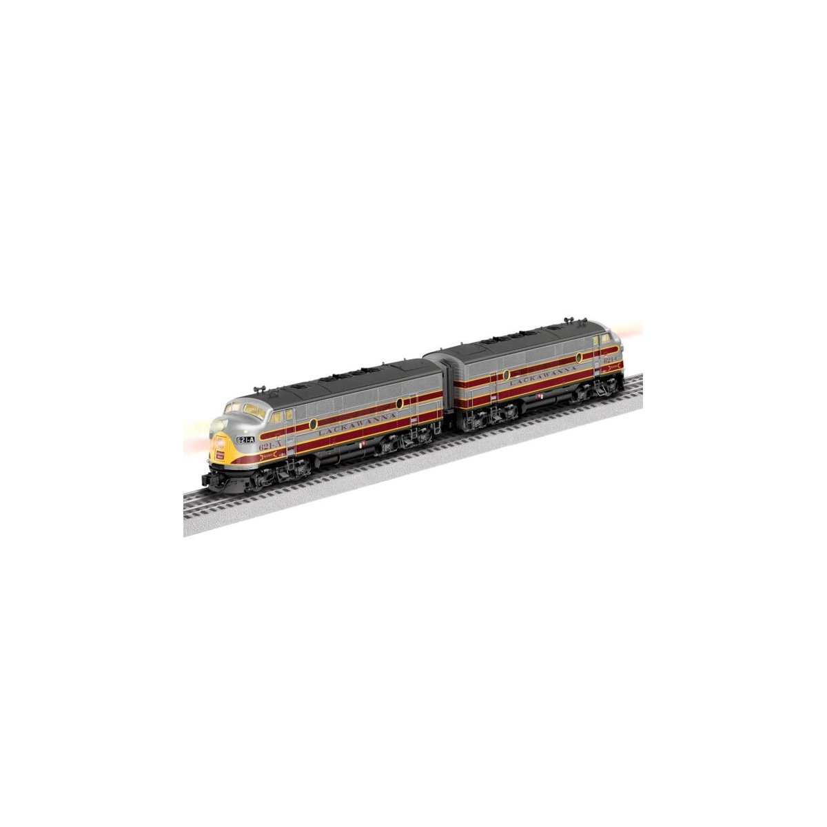 EMD F3 A-A Set - 3-Rail - Legacy Sound & Control -- Delaware, Lackawanna & Western 621A, 622A (gray, maroon, yellow), O, Lionel 