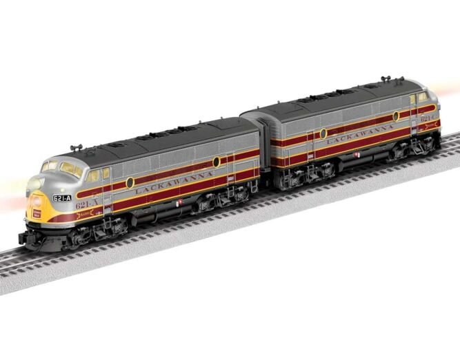 EMD F3 A-A Set - 3-Rail - Legacy Sound & Control -- Delaware, Lackawanna & Western 621A, 622A (gray, maroon, yellow), O, Lionel 