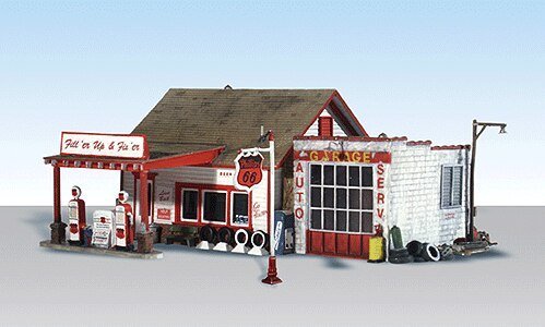 Fill`er Up & Fix`er Up - Built-&-Ready Landmark Structures(R) -- Assembled - 6-5/32 x 5-13/62` , HO, Woodland Scenics 5025