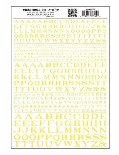 Dry Transfer Alphabet - Railroad Roman - 1/16, 3/32, 1/8, 3/16, 1/4 & 5/16′ -- Yellow, All Scales, Woodland Scenics 705