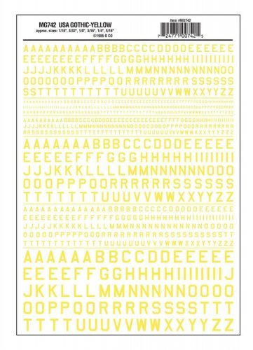 Dry Transfer Alphabet - 45 Degree USA Gothic (Military Style) -- Yellow, All Scales, Woodland Scenics 742