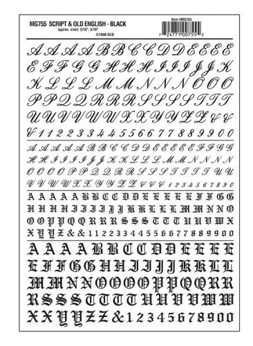 Dry Transfer Alphabet & Numbers - Script/Old English -- Black, All Scales, Woodland Scenics 755