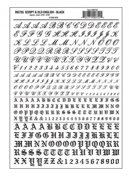 Dry Transfer Alphabet & Numbers - Script/Old English -- Black, All Scales, Woodland Scenics 755