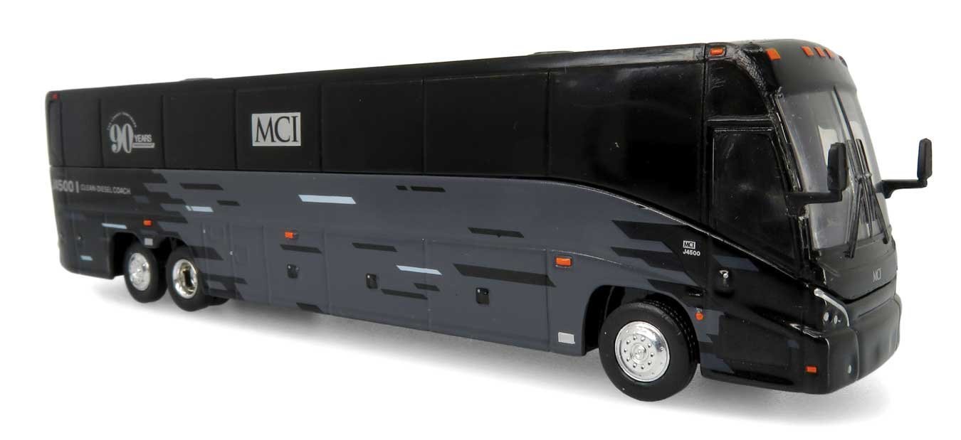 MCI J4500 Motorcoach Bus - Assembled -- MCI 90th Anniversary (black, gray, white), HO, Iconic Replicas 870465