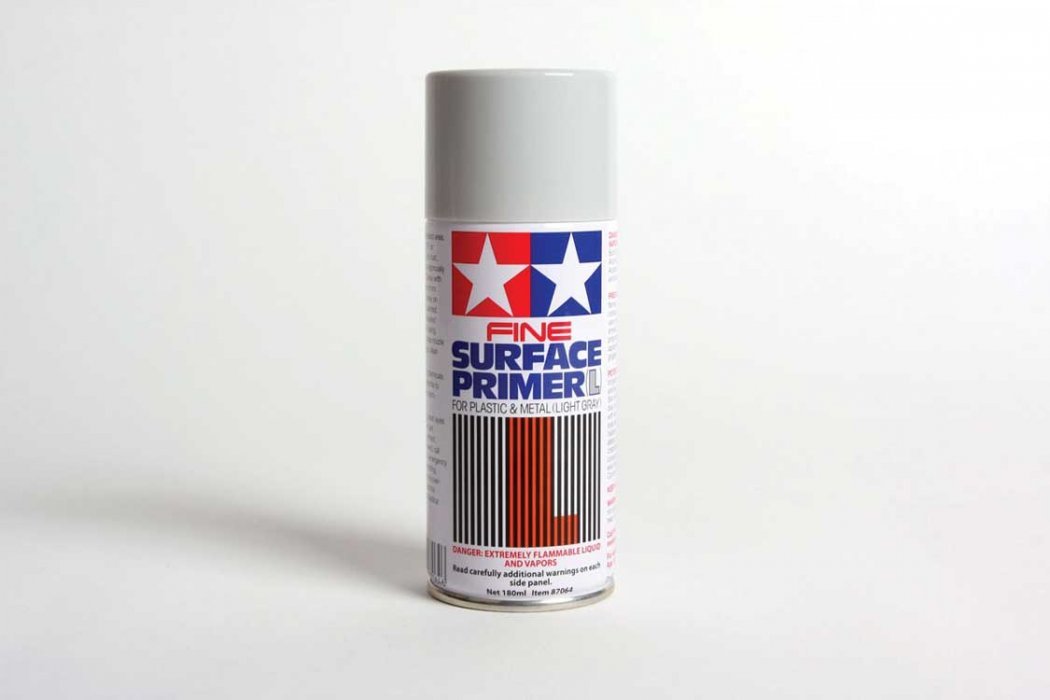 Fine Surface Primer L For Styrene & ABS Plastic -- Spray Can - Light Gray - 6.1oz 100mL, All Scales, Tamiya Paints 87064