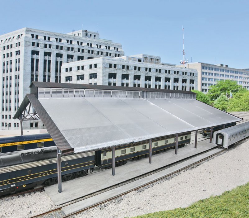 Train Shed with Clear Roof -- Kit: 22-3/8 x 11-9/16 x 6-1/4′ 56.8 x 29.3 x 15.8cm, HO, Walthers Cornerstone 2984