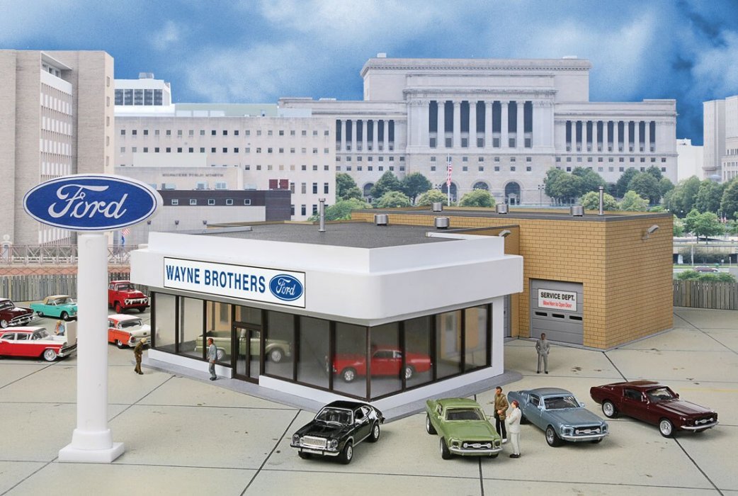 Wayne Bros. Ford Dealership -- Kit - 8-7/8 x 12-1/8 x 3-7/8′ 22.5 x 30 x 9.8cm, HO, Walthers Cornerstone 3483