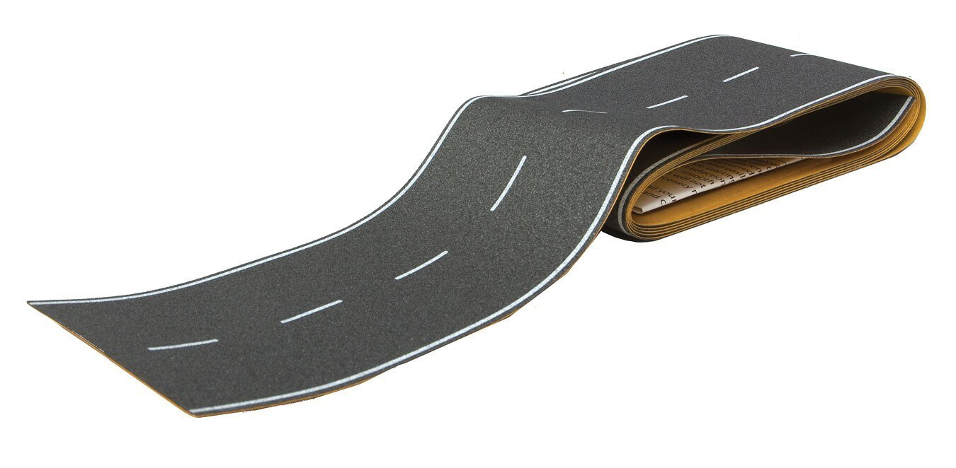 Flexible Self-Adhesive Paved Roadway -- Vintage Highway (White Dashed Centerline, White Soli, HO, Walthers SceneMaster 1250