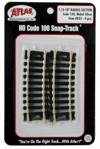 Code 100 Curved Snap-Track(R) Nickel-Silver Rail -- 1/3 Section, 18′ Radius (Black Ties) , HO, Atlas Model Railroad Co. 835