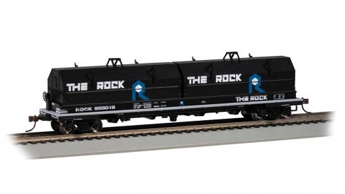 55′ Coil Car with Angled Hoods and Load - Ready to Run -- Rock Island 955019 (black, blue, w, HO, Bachmann Industries 71428