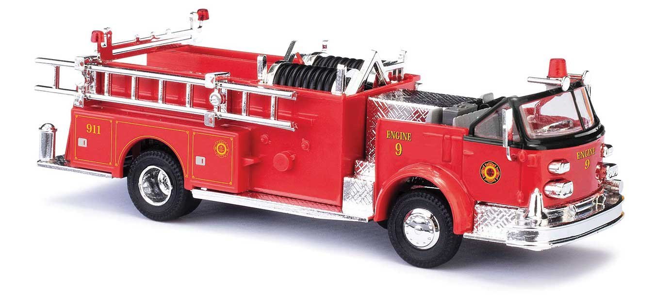 1968 American LaFrance Open-Cab Pumper - Assembled -- Fire Department (red, black), HO, Busch Gmbh & Co Kg 46030