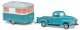 1950 Chevrolet Pickup Truck with Nagetusch Camper Trailer - Assembled -- Teal, HO, Busch Gmbh & Co Kg 48243